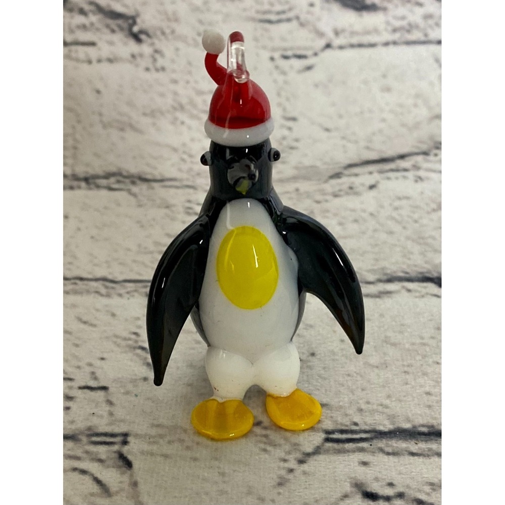 Vintage Handblown Glass Penguin Figurine Wear Santa Hat Christmas Tree Ornament